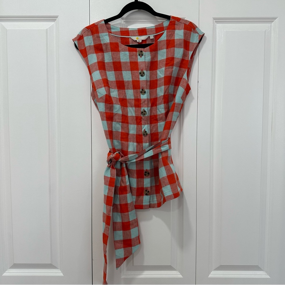 Boden Gingham Linen Top in Orange and Blue